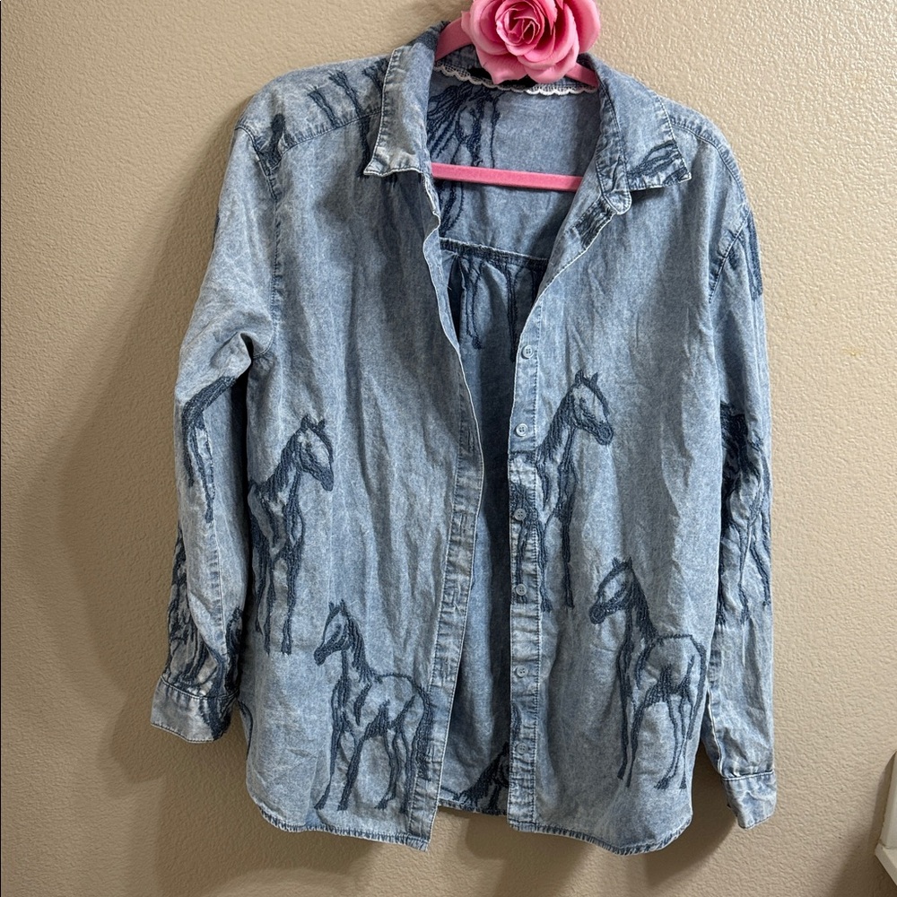 Jane and Delancey Blue Horse Print Button Down Shirt